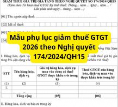 Mẫu phụ lục giảm thuế GTGT 2026 theo Nghị quyết 174/2024/QH15