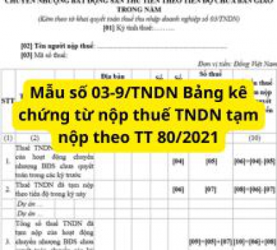 Mẫu số 03-9/TNDN Bảng kê chứng từ nộp thuế TNDN tạm nộp theo TT 80/2021