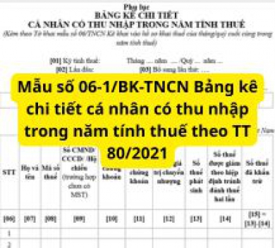 Mẫu số 06-1/BK-TNCN Bảng kê chi tiết cá nhân có thu nhập trong năm tính thuế theo TT 80/2021
