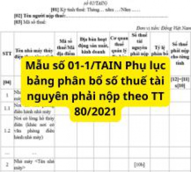 Mẫu số 01-1/TAIN Phụ lục bảng phân bổ số thuế tài nguyên phải nộp theo TT 80/2021