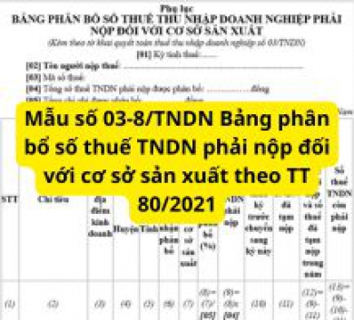 Mẫu số 03-8/TNDN Bảng phân bổ số thuế TNDN phải nộp đối với cơ sở sản xuất theo TT 80/2021