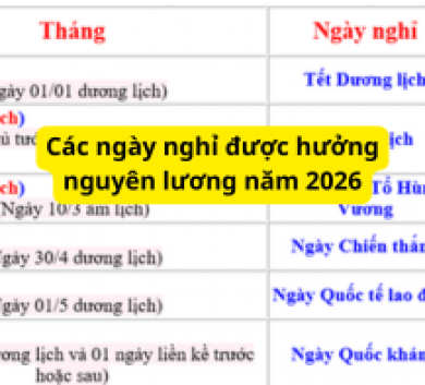 Các ngày nghỉ được hưởng nguyên lương năm 2026
