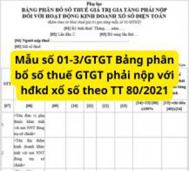 Mẫu số 01-3/GTGT Bảng phân bổ số thuế GTGT phải nộp với hđkd xổ số theo TT 80/2021
